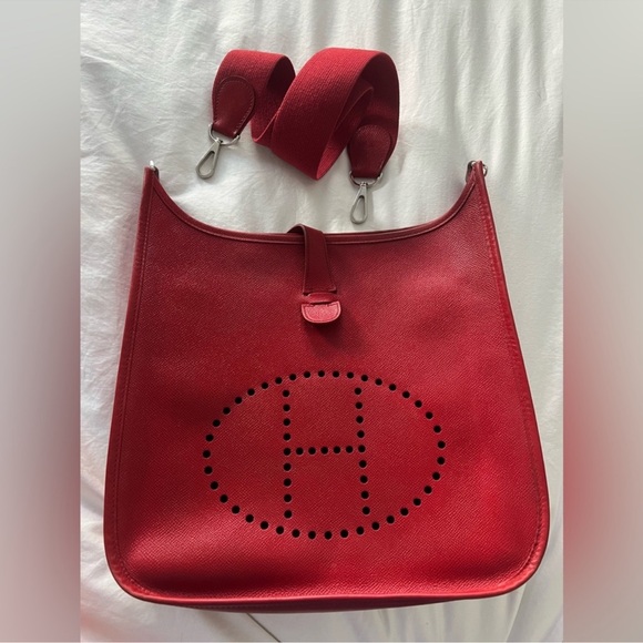 Hermes Evelyne Rouge GM Palladium Hardware dust bag Epsom leather L Stamp COA - Picture 5 of 17